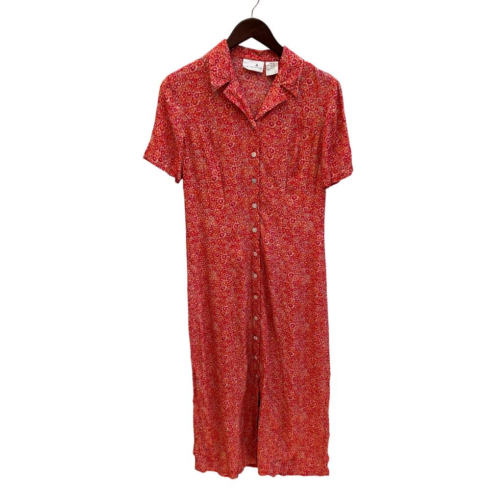 Vintage Midi Dress Size 4 Red Floral Button Front Cottagecore